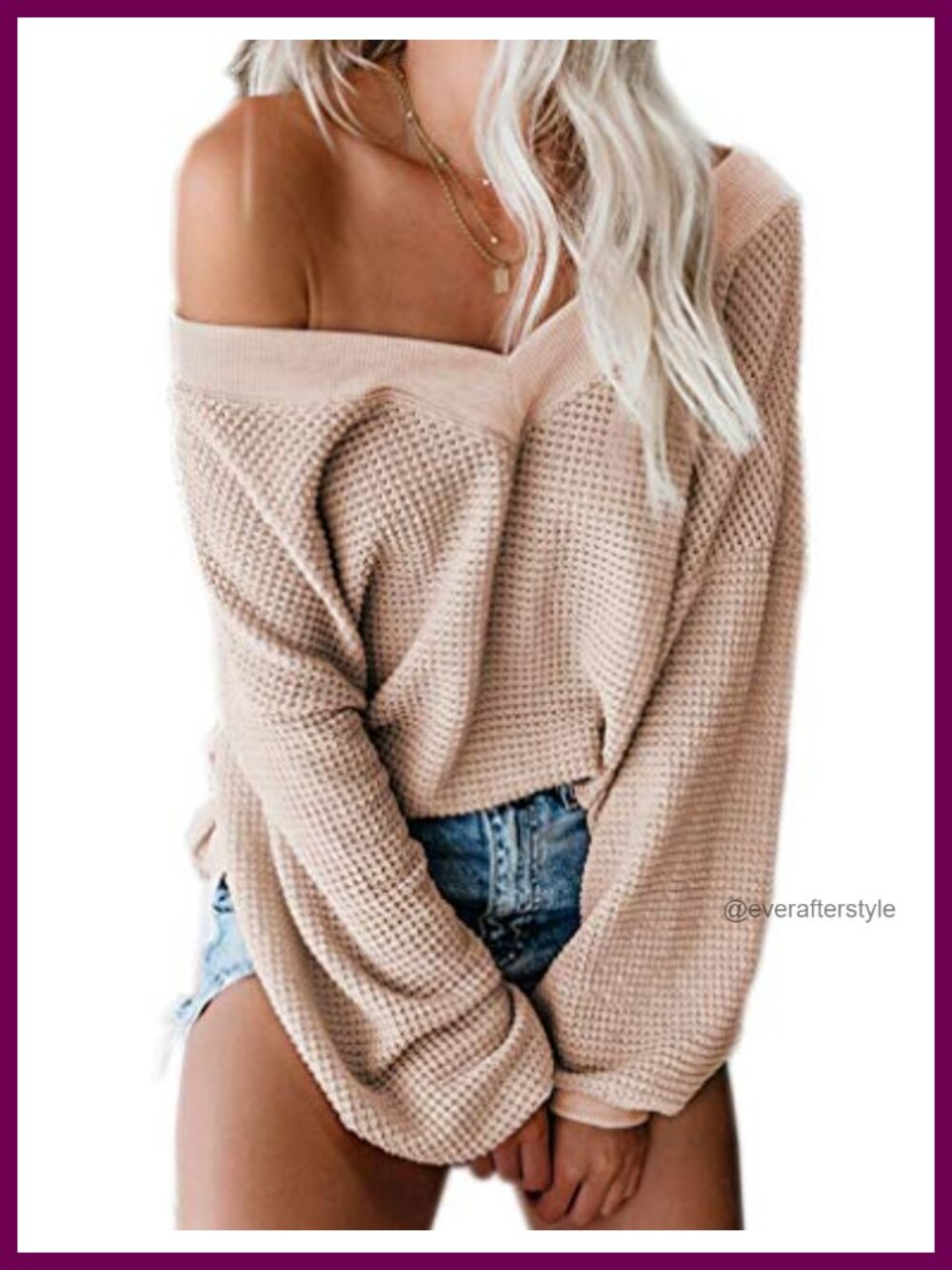 Waffle Knit Long Sleeve Off Shoulder V-Neck Pullover Sweater